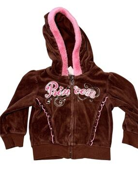 Vintage y2k princess embroidered velour brown pink zip up toddler girl
